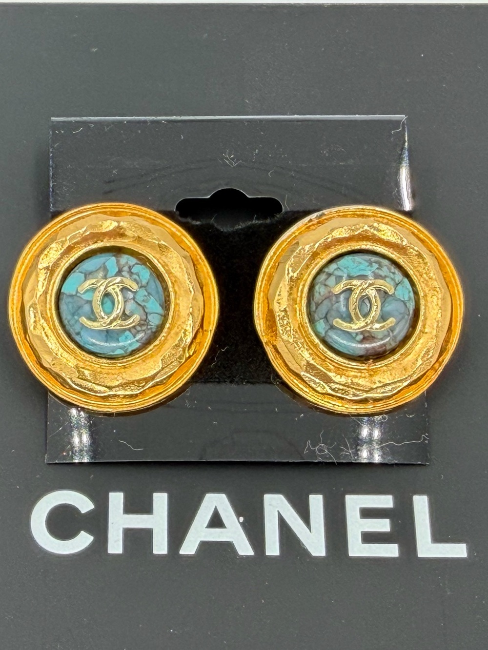 CHANEL Vintage 90’s era 24k Gold Plated Earrings w/ Turquoise Center and COA